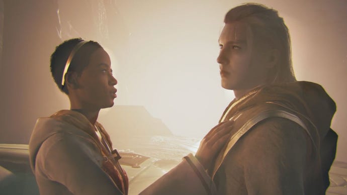 Dagan Gera stands with Santari Khri in the Star Wars Jedi: Survivor story.