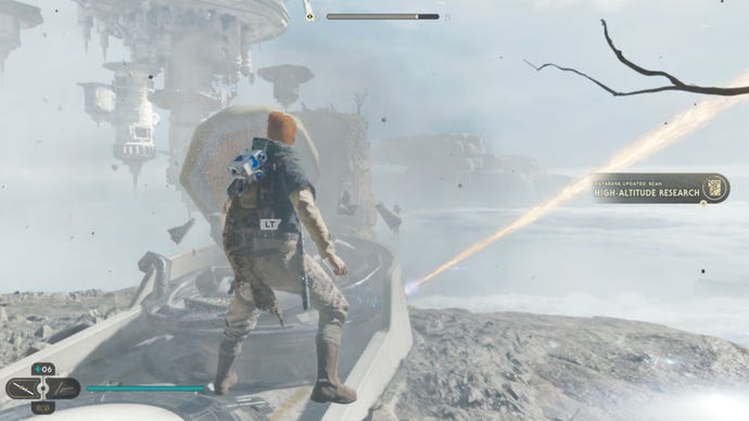 Cal approaches and picks up a collectible item on Koboh in Jedi: Survivor.