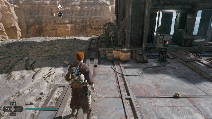 Cal approaches and picks up a collectible item on Koboh in Jedi: Survivor.