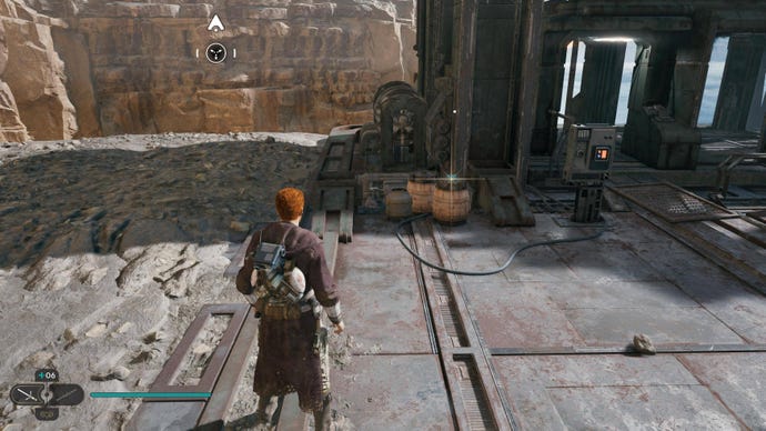 Cal approaches and picks up a collectible item on Koboh in Jedi: Survivor.