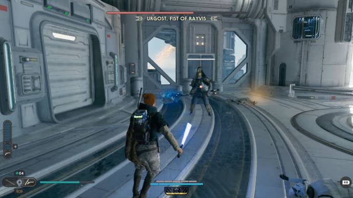 Fighting Urgost, Fist of Rayvis in Star Wars Jedi: Survivor.