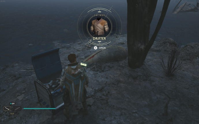 Cal approaches and picks up a collectible on Koboh in Jedi: Survivor.