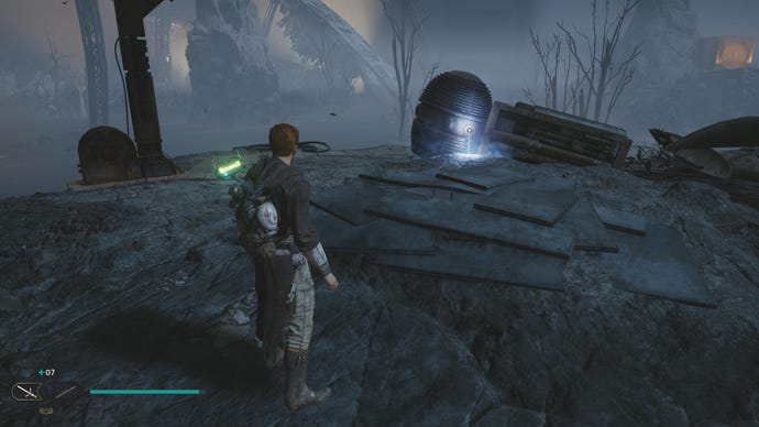 Cal approaches and picks up a collectible on Koboh in Jedi: Survivor.