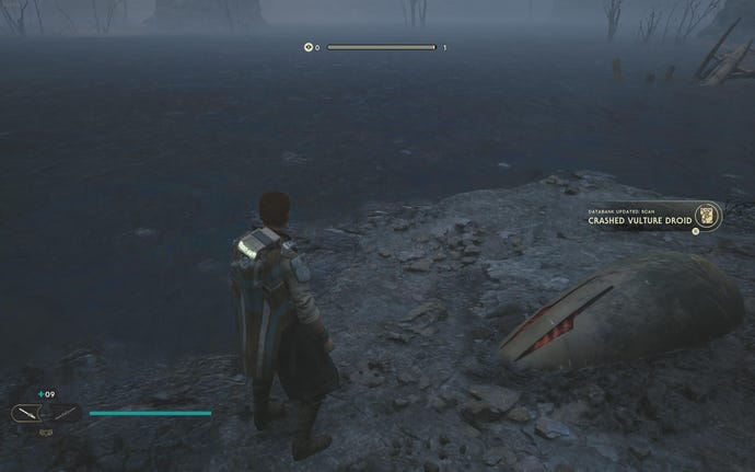 Cal approaches and picks up a collectible on Koboh in Jedi: Survivor.