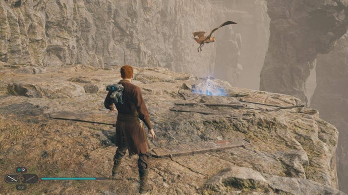 Cal approaches and picks up a collectible on Koboh in Jedi: Survivor.