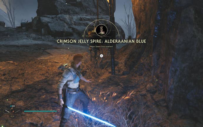 Cal approaches and picks up a collectible on Koboh in Jedi: Survivor.