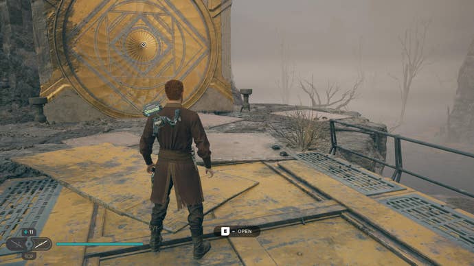 Cal approaches and picks up a collectible on Koboh in Jedi: Survivor.