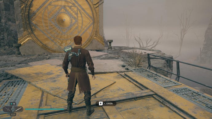 Cal approaches and picks up a collectible on Koboh in Jedi: Survivor.