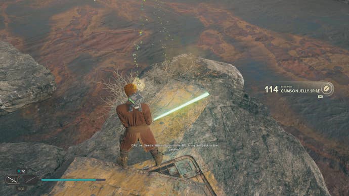 Cal approaches and picks up a collectible on Koboh in Jedi: Survivor.