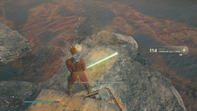 Cal approaches and picks up a collectible on Koboh in Jedi: Survivor.