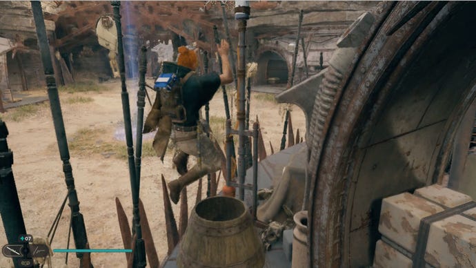 Cal Kestis jumps on the barrel that will give him the height needed to jump above the door for the Star Wars Jedi: Survivor XP farm.