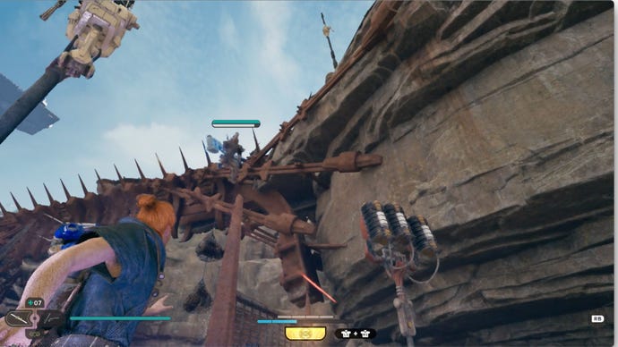 Cal Kestis pulls an enemy down as part of the Star Wars Jedi: Survivor XP farm.