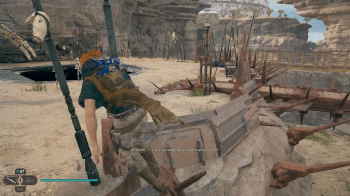 Cal Kestis jumps on the roof of the Spawn of Oggdo building for the Star Wars Jedi: Survivor XP farm.