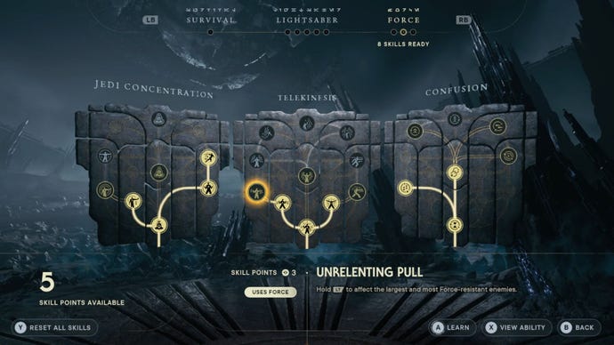 The Star Wars Jedi: Survivor Unrelenting Pull Skill needed for the Star Wars Jedi: Survivor XP farm.