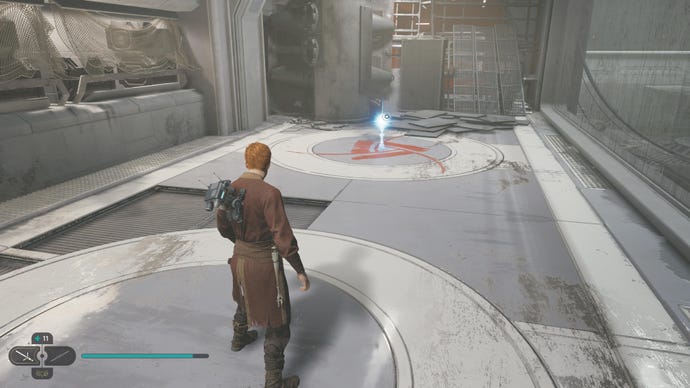 Cal approaches and picks up a collectible on Koboh in Jedi: Survivor.