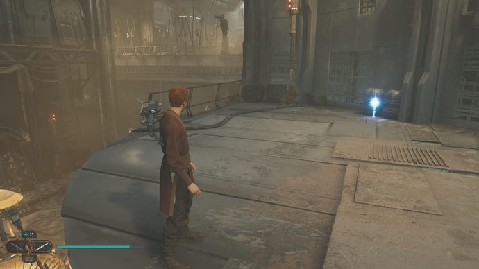 Cal approaches and picks up a collectible on Koboh in Jedi: Survivor.