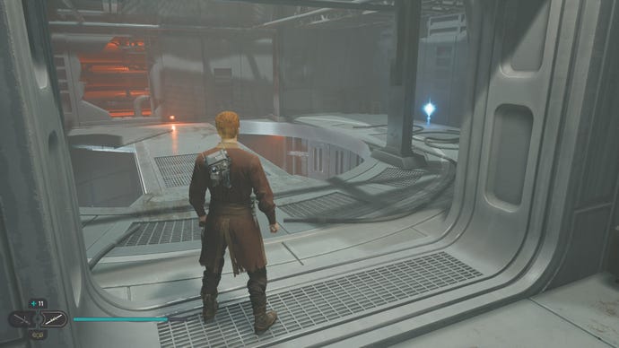 Cal approaches and picks up a collectible on Koboh in Jedi: Survivor.