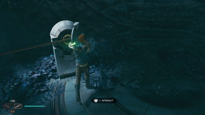 Cal affixes the first pulley in the Star Wars Jedi: Survivor Chamber of Duality.