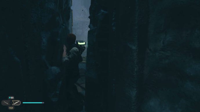 Cal squeezes through the narrow entrance of the Star Wars Jedi: Survivor Chamber of Duality.