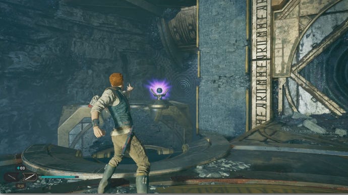 Cal uses Force abilities to grab the orb at the front of the Star Wars Jedi: Survivor Chamber of Duality.