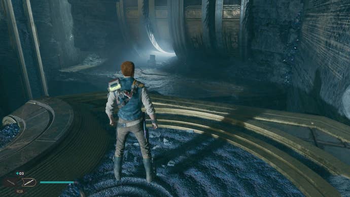 Cal looks at the corner in the Star Wars Jedi: Survivor Chamber of Duality.