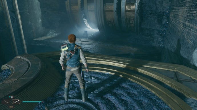 Cal looks at the corner in the Star Wars Jedi: Survivor Chamber of Duality.