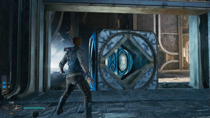 Star Wars Jedi Survivor: Moving the block under the door in the third puzzle.