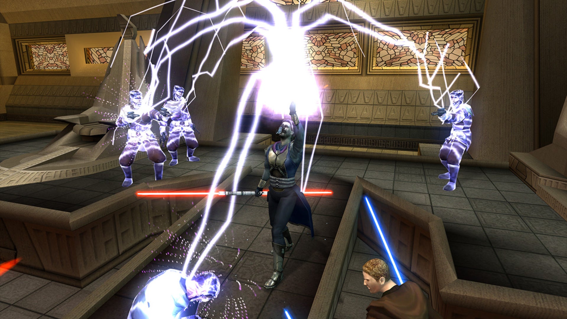 A character with a red lightsaber electrocuting some folks while a jedi stands nearby in Star Wars Knights of the Old Republic II - The Sith Lords. - 1