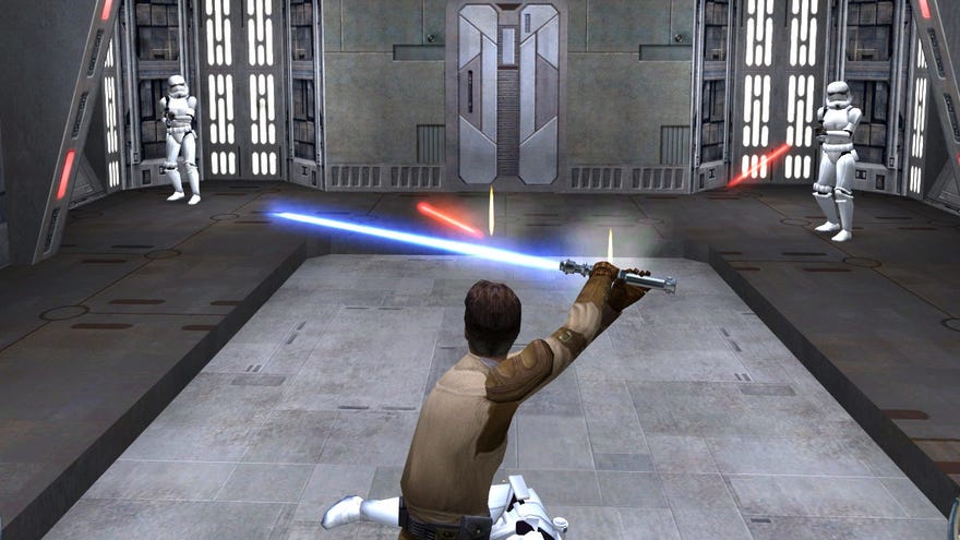 Parrying Stormtrooper lasers in a Star War.