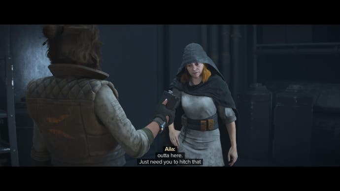 Kay speaks with Aila in Star Wars Outlaws.