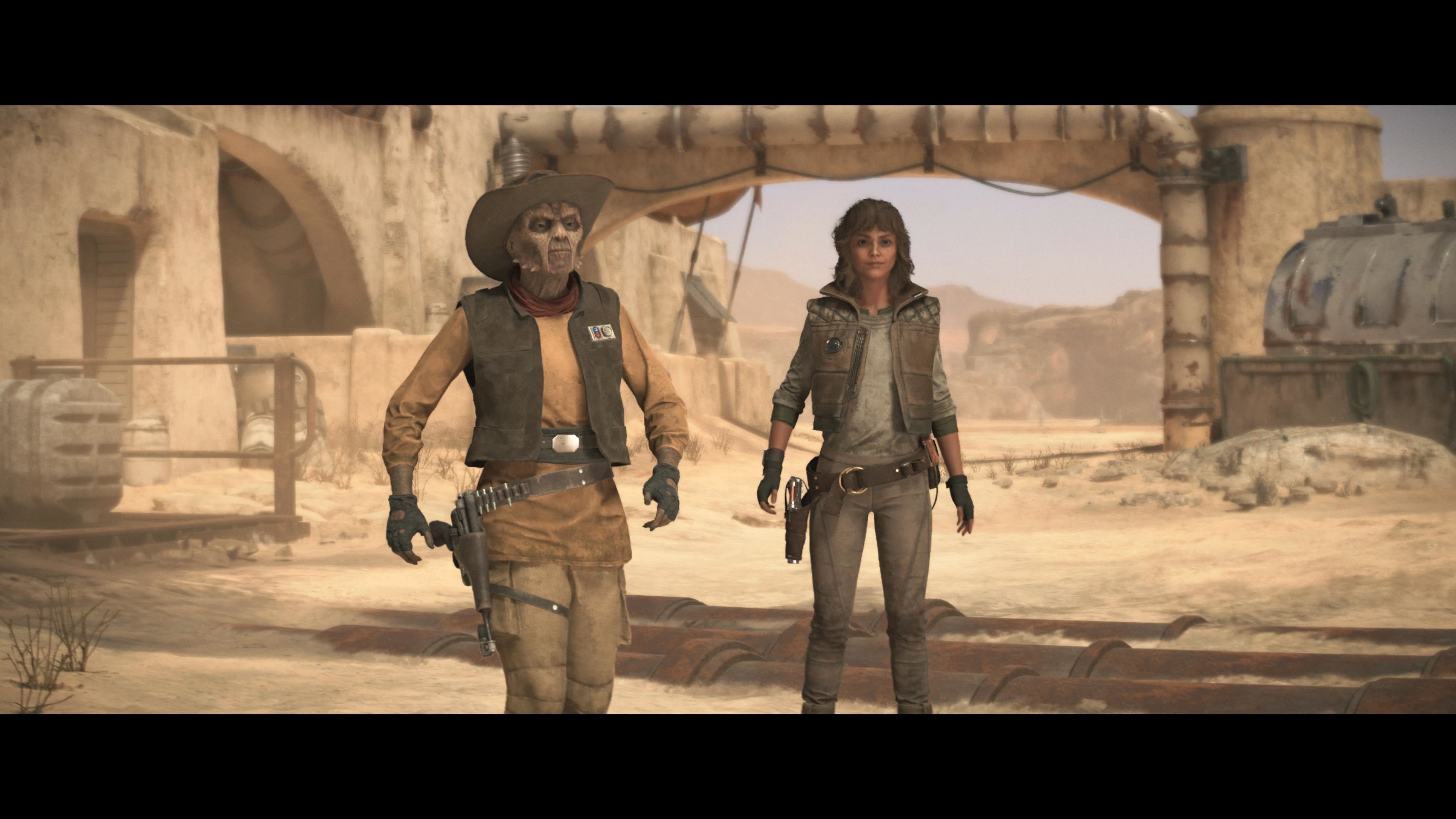 Kay standing next to Sheriff Quint in Star Wars Outlaws.