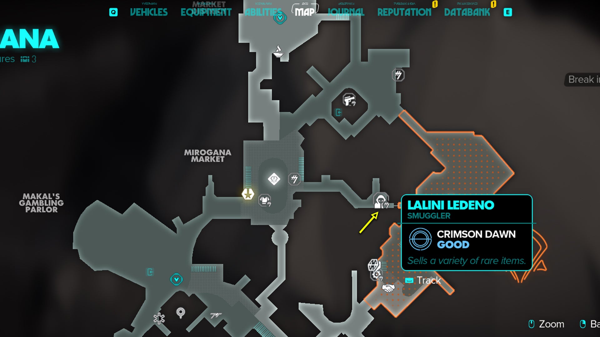 Star Wars Outlaws screenshot of the Black Market merchant location on Mirogana. - 3