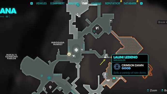 Star Wars Outlaws screenshot of the Black Market merchant location on Mirogana.