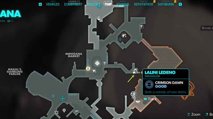 Star Wars Outlaws screenshot of the Black Market merchant location on Mirogana.