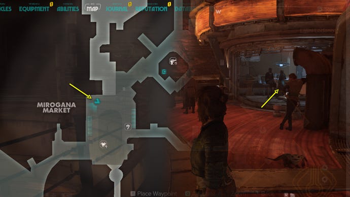 Star Wars Outlaws screenshot of where to find the Black Market merchant password on Mirogana.