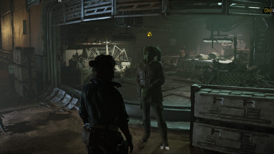 Star Wars Outlaws screenshot of Kay Vess speaking to the Black Market merchant on Mirogana.