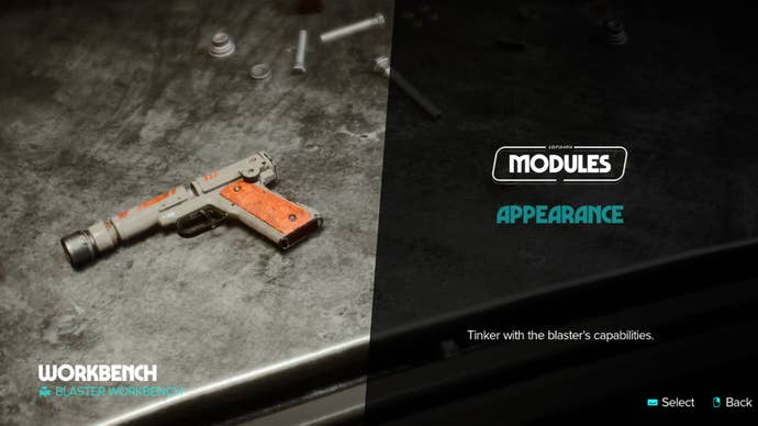 Star Wars Outlaws screenshot of the Blaster Workbench menu where you can upgrade and change the appearance of Kay’s Blaster in-game.