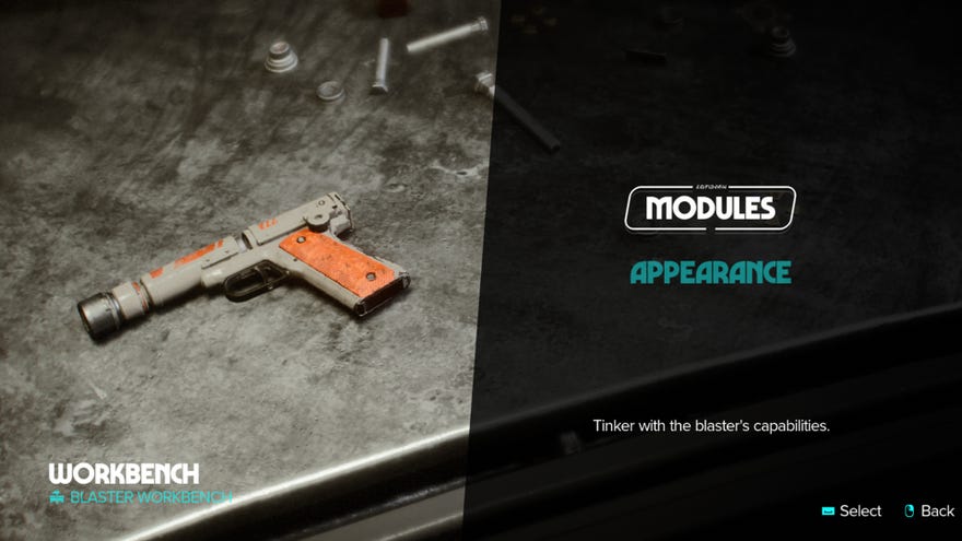 Star Wars Outlaws screenshot of the Blaster Workbench menu where you can upgrade and change the appearance of Kay’s Blaster in-game.
