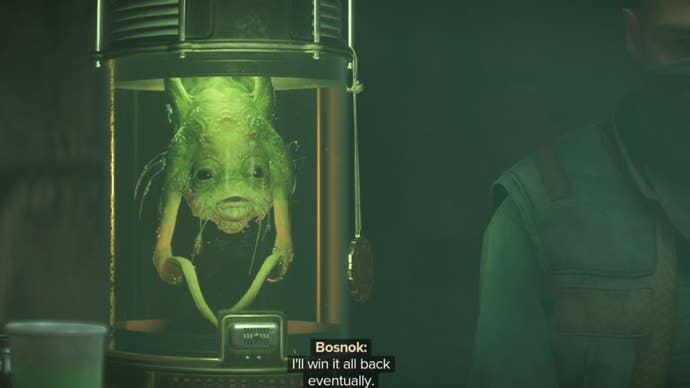 Star Wars Outlaws screenshot of Bosnok in Kaslo’s Parlor in Mirogana City.