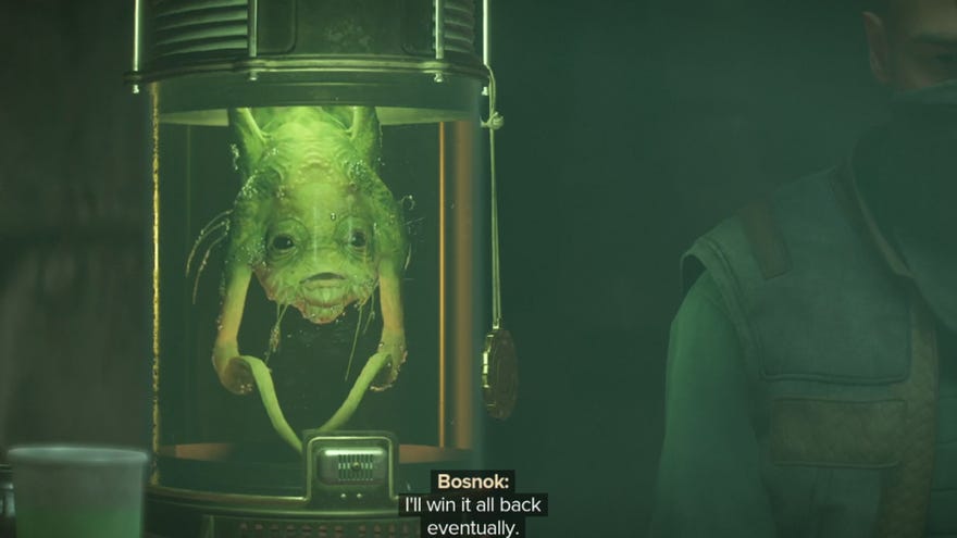 Star Wars Outlaws screenshot of Bosnok in Kaslo’s Parlor in Mirogana City.