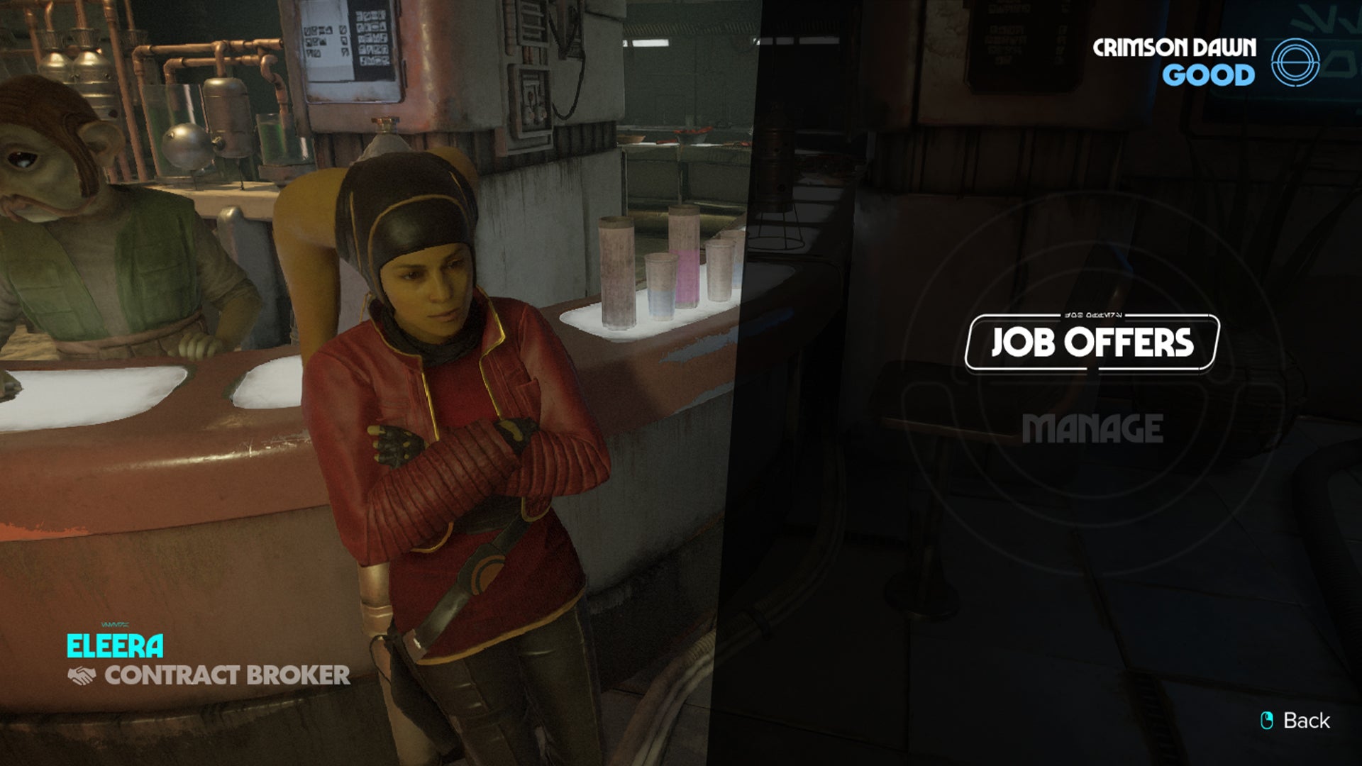 Star Wars Outlaws screenshot of Eleera the contract broker for Crimson Dawn. - 6