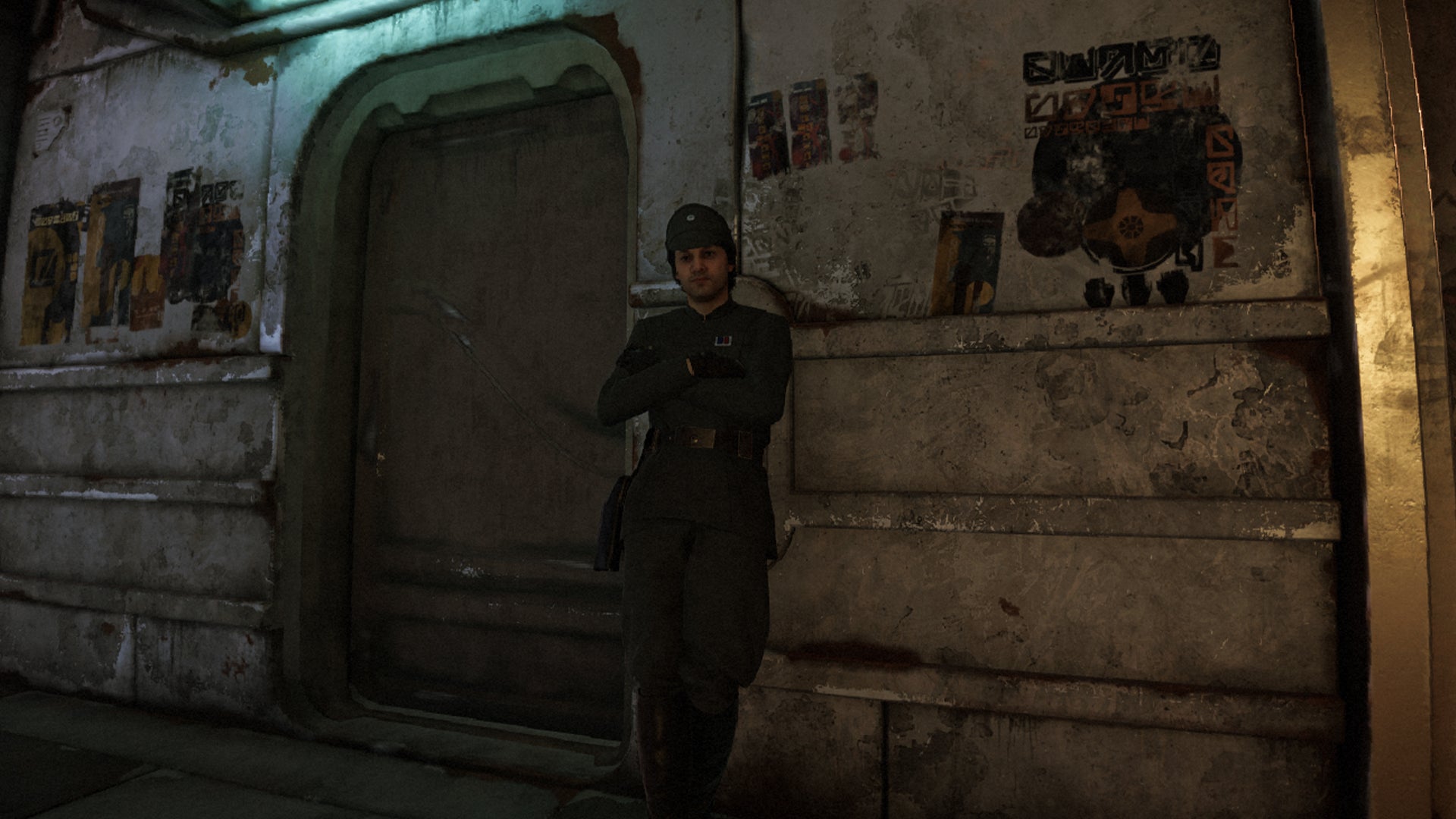 Star Wars Outlaws screenshot of the 'Corrupt Officer' outside of Makal's, in Mirogana City. - 4