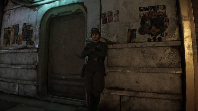 Star Wars Outlaws screenshot of the ‘Corrupt Officer’ outside of Makal’s, in Mirogana City.