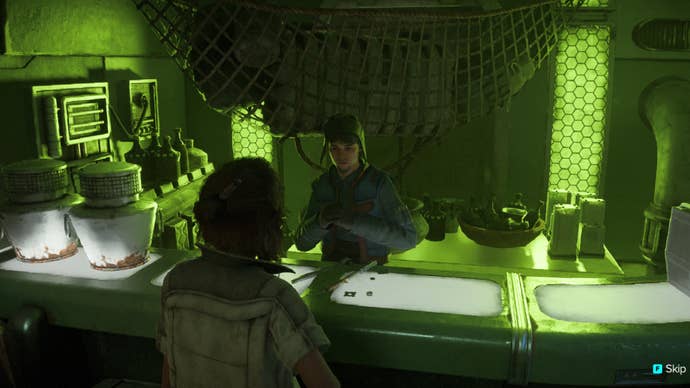 Star Wars Outlaws screenshot of the merchant with intel on where the Counterfeit Credits are coming from.