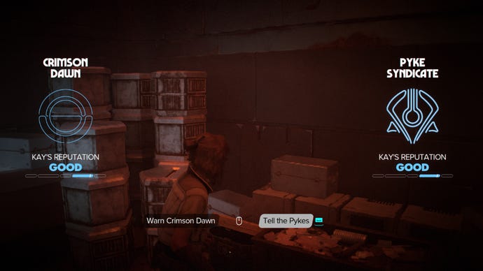 Star Wars Outlaws screenshot of the choice between Crimson Dawn and the Pykes during the Counterfeit Credits quest.