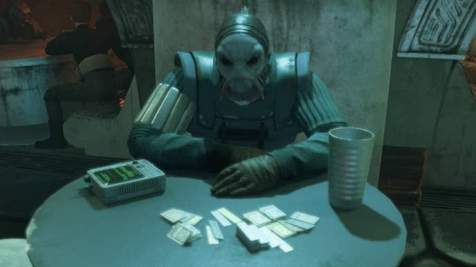 star wars outlaws counterfeit credits pyke sitting behind table full of credits