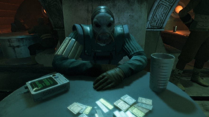Star Wars Outlaws screenshot of the Pyke that gives you the Counterfeit Credits quest.