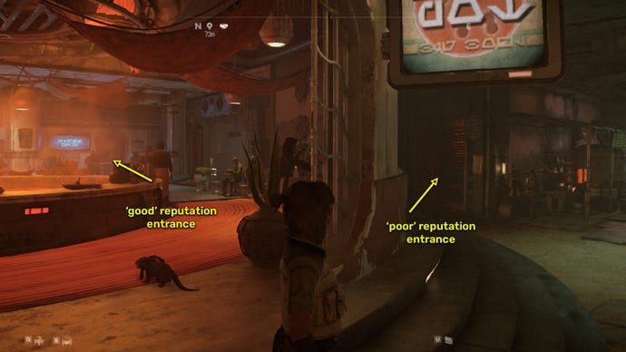 Star Wars Outlaws screenshot of the route to the Crimson Dawn vault in Mirogana City.