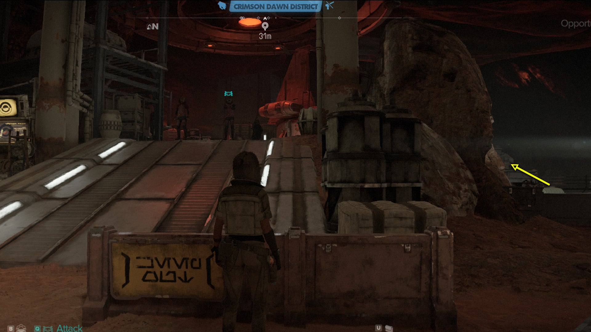 Star Wars Outlaws screenshot of the route to the Crimson Dawn vault in Mirogana City.