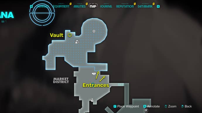 Star Wars Outlaws screenshot of the Crimson Dawn vault map location.